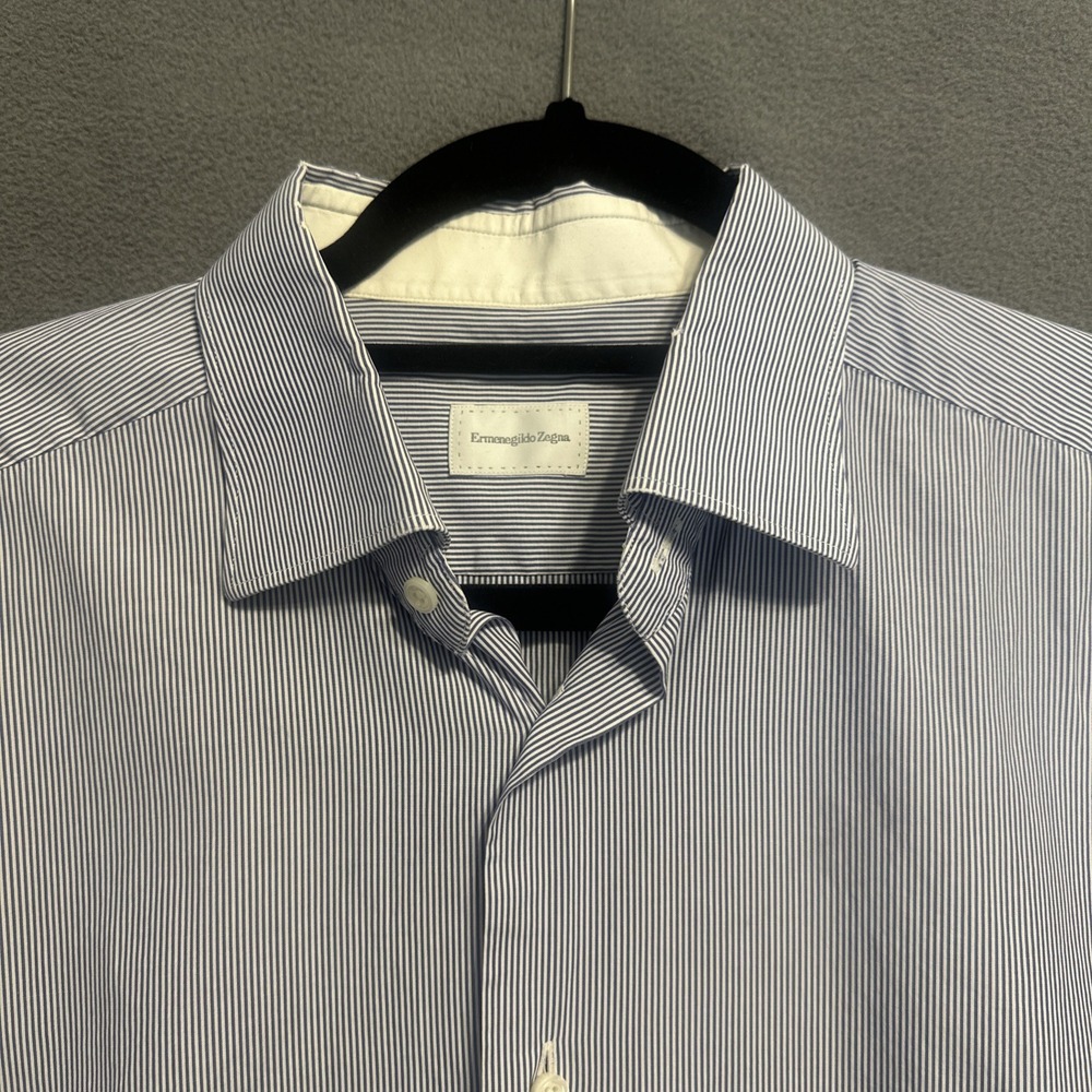 Ermenegildo Zegna Button Up Dress Shirt Mens 41 / 16 Blue Striped  L/S‎  *Flaw